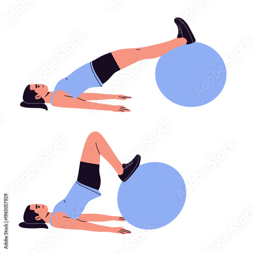 Flat vector illustration of a woman performing stability ball glute bridge exercise. ideal for lower body workout guides, home fitness programs, rehabilitation, and health app visuals.