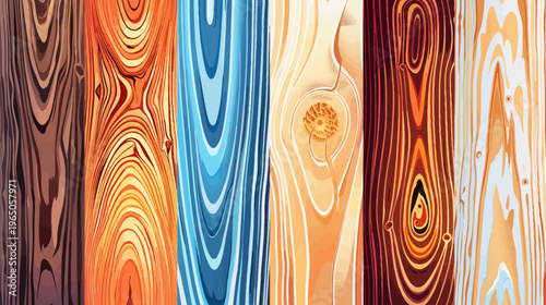 A stylized, colorful illustration of various types of wood grain patterns arranged vertically