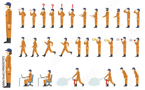 フラットイラスト：男女の消防士セット オレンジ制服(サイド)