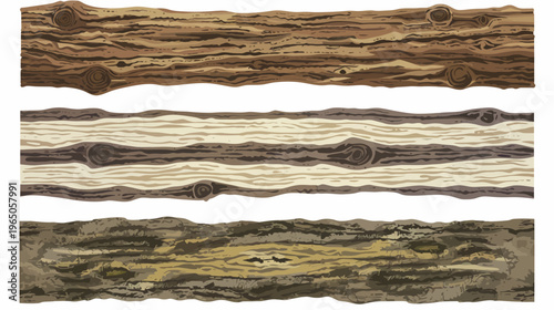 Illustration of 3 different wooden plank textures with visible knots and grains