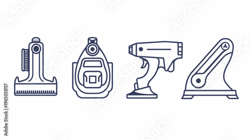Four vector icons representing industrial and domestic tools in blue outline style