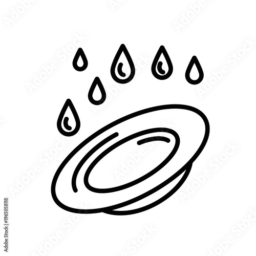 Simple Line Art Icon: Water Drops Falling on a Plate, Dishwashing Concept