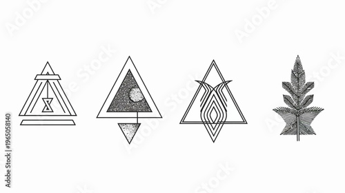 Geometric and natural elements. Four abstract, symmetrical designs, line and texture