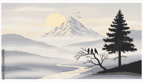 Serene mountain landscape with a majestic snow capped peak at sunrise or sunset