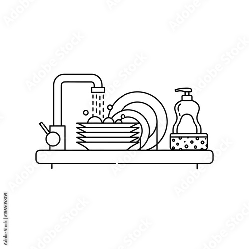 Sink full of dishes and dish soap, hand-drawn illustration, clean up concept