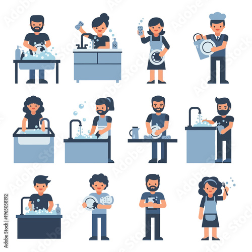 People Washing Dishes - Diverse Characters in Kitchen Cleaning Scenes
