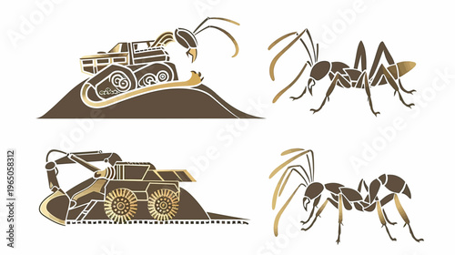 Ants alongside stylized construction vehicles in brown and tan tones on white