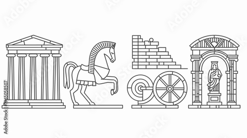 Ancient world icons temple, horse, brick, statue, in linear style on white background