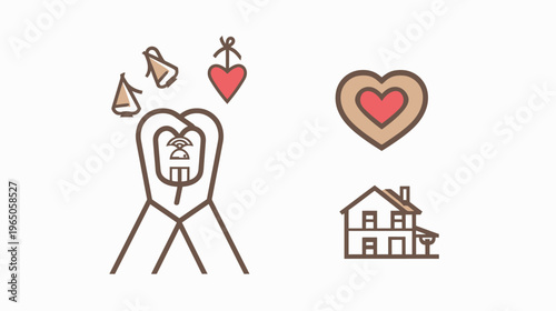 Hand holds key as gifts and love float around, beside heart and house icons