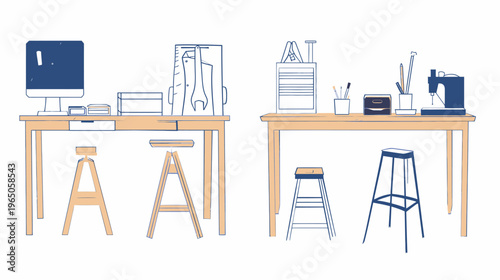 Two desks with sewing machine, computer, tools, and stools, simple line art illustration
