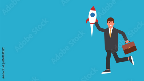 Illustration of a professional running with a rocket, symbolizes ambition, speed, and enthusiasm to achieve success in a career or business.