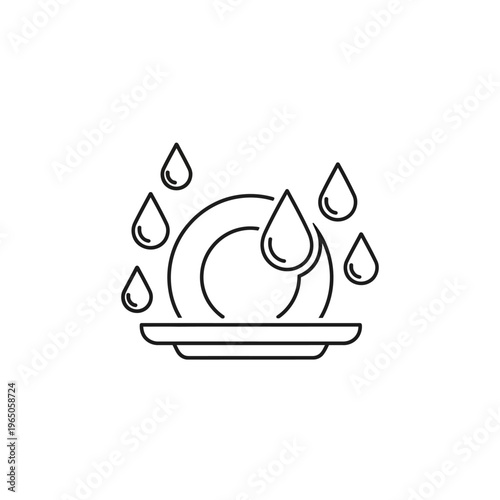 Dishwashing Icon: Plate Being Washed with Water Drops, Cleanliness Concept