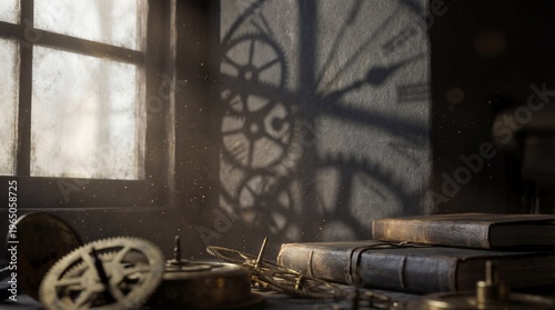 Sunlit antique study with old books and scientific instruments, casting clock gear shadows on the wall.