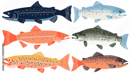 Six stylized illustration of speckled, striped fish in blues, oranges, yellows, and greens