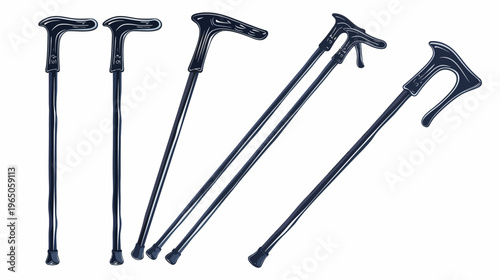 Several black walking canes of varying styles, illustrated against a white background