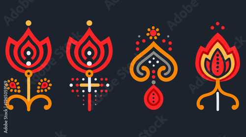 Four abstract floral, geometric designs with red, orange, yellow, gray on a navy backdrop