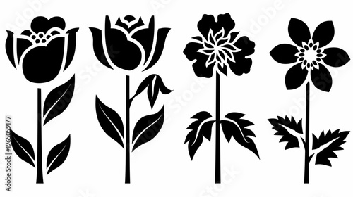 Four silhouette style floral icons, various stem flowers, leaves. Black on white
