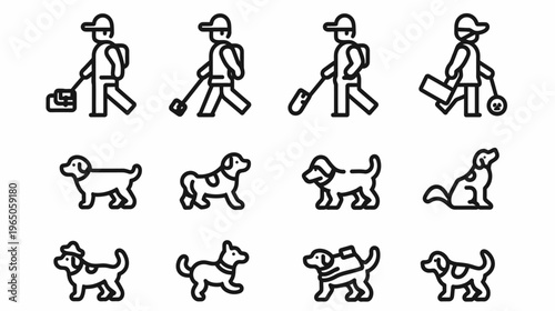Black outline icons show people walking, dogs walking, and dogs sitting