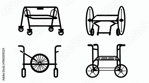 Four stylized medical walkers in black lines on white background, assistive mobility devices