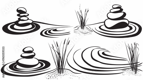 Minimalist illustration of balanced rocks, ripples in water, and reeds in graphic style
