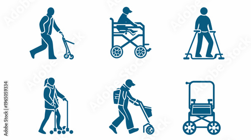 Teal icons showing people using mobility assistive equipment on a stark white background