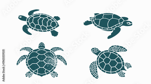 Four sea turtles in a square formation. Simple, clean vector art on white background