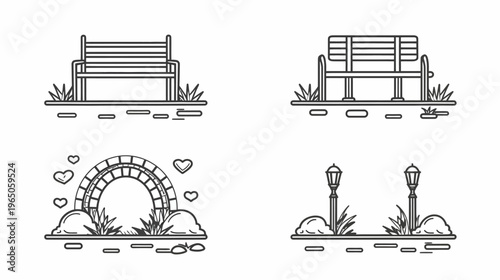 Minimalist line art showing park benches, an archway, and lampposts in a white setting