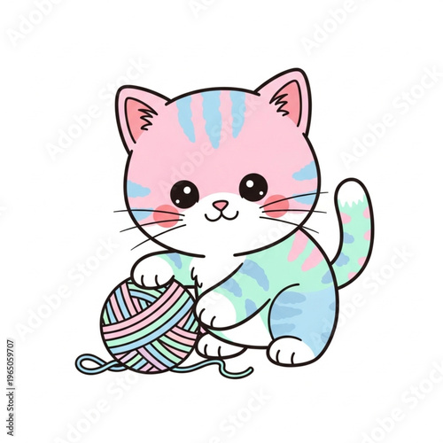 Cute cartoon vector illustration of a funny kitten character playing with a ball and a tiny mouse friend in a fun domestic pet art design