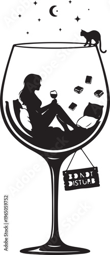 Silhouette of a person reading in a wine glass, Generative Ai