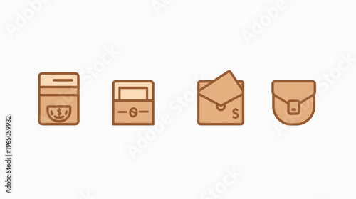 Icons show coin purse, box, dollar envelope, and handbag in tan hues on white