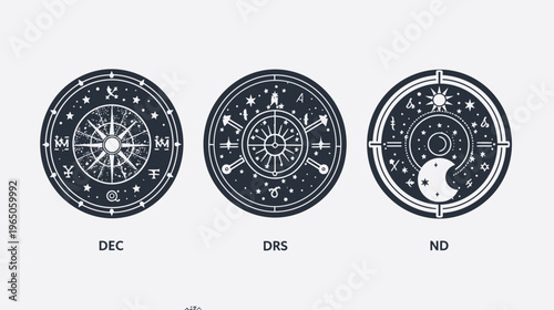 Three stylized black and white circular designs with astral symbols and initials below