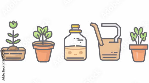 Row of gardening icons includes plants in pots, a water bottle, and a watering can