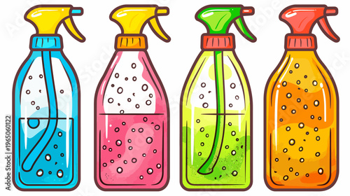 Four cartoon spray bottles in blue, pink, green, and orange with circles inside