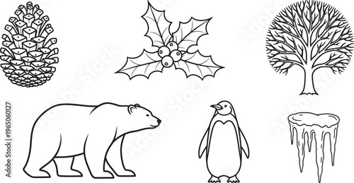Set of winter nature and animal line art illustrations including a pine cone holly bare tree polar bear penguin and icicles ideal for seasonal projects