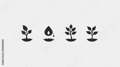 Minimalist icon set of sprouting plants and a water droplet against gray backdrop