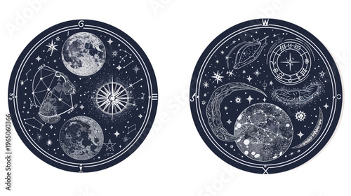 Two astrological circles feature moons, constellations, celestial symbols, and nautical compasses