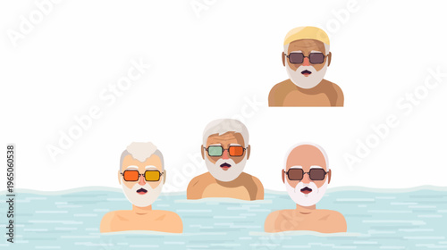 Four senior men with gray beards and sunglasses in water against white background