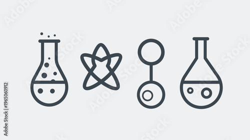 Scientific elements icons; beakers, atom, and connected circles outline symbols on white