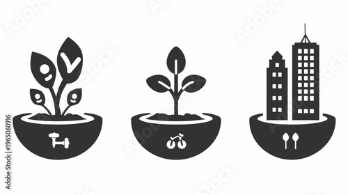 Three icons of plants in bowls, fitness, biking, and city buildings in grayscale