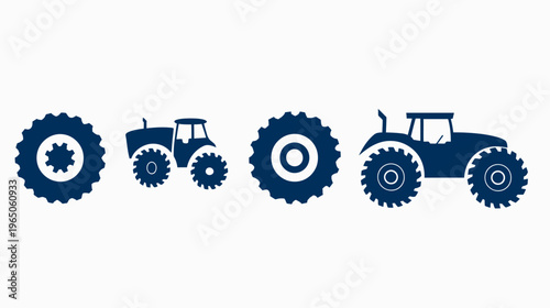 Dark blue tractor and wheel silhouettes are arranged linearly on white background