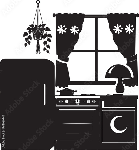 Silhouette of kitchen with orange appliances and black curtains, Generative Ai