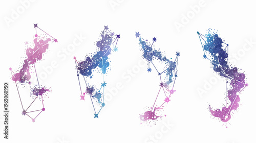 Four abstract watercolor constellation drawings with star shapes and connected lines