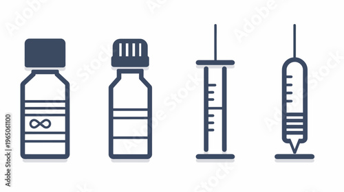 Minimalist illustration of medicine bottles and syringes in dark blue on a white backdrop