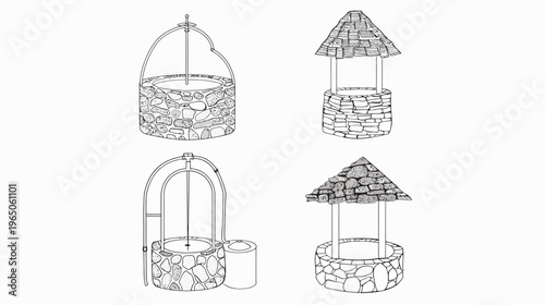 Ink drawings of four stone wells, each with a different architectural style