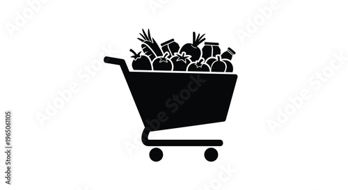 A black silhouette depicting a shopping cart full of fresh produce