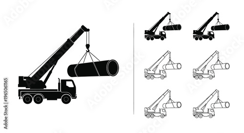 Construction cranes lifting large cylindrical objects in a black and white illustration