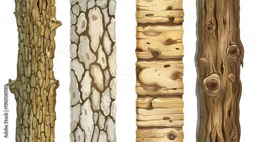 Four cartoonish tree bark textures in vertical strips with varying colors and patterns