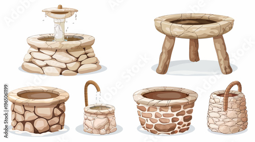 Collection of cartoon stone wells, fountain, and stool in varying designs and formations