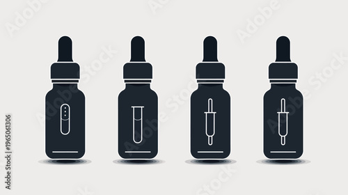Four black dropper bottles with white outlines, each with a unique interior symbol