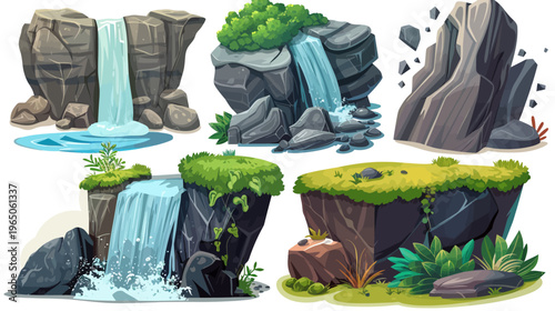 Cartoon illustration of varied rock formations with waterfalls and vegetation details